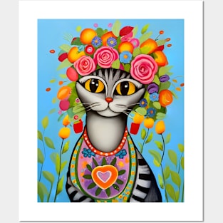 Cute cat with flowers Posters and Art